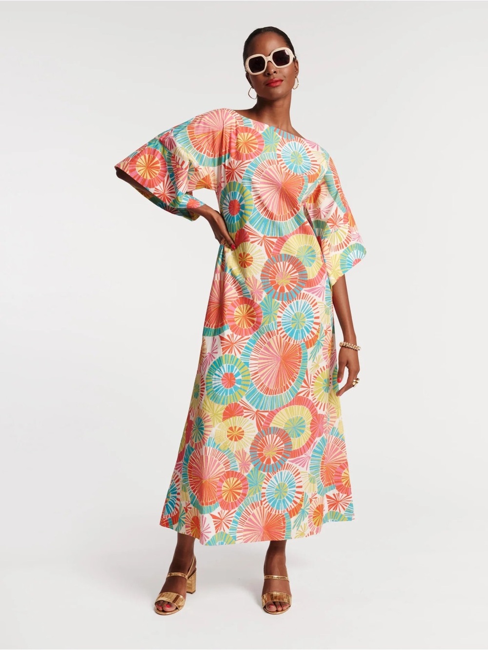 FRANCES VALENTINE Spinnaker Maxi Dress in Aqua Starburst Print Size Large EUC